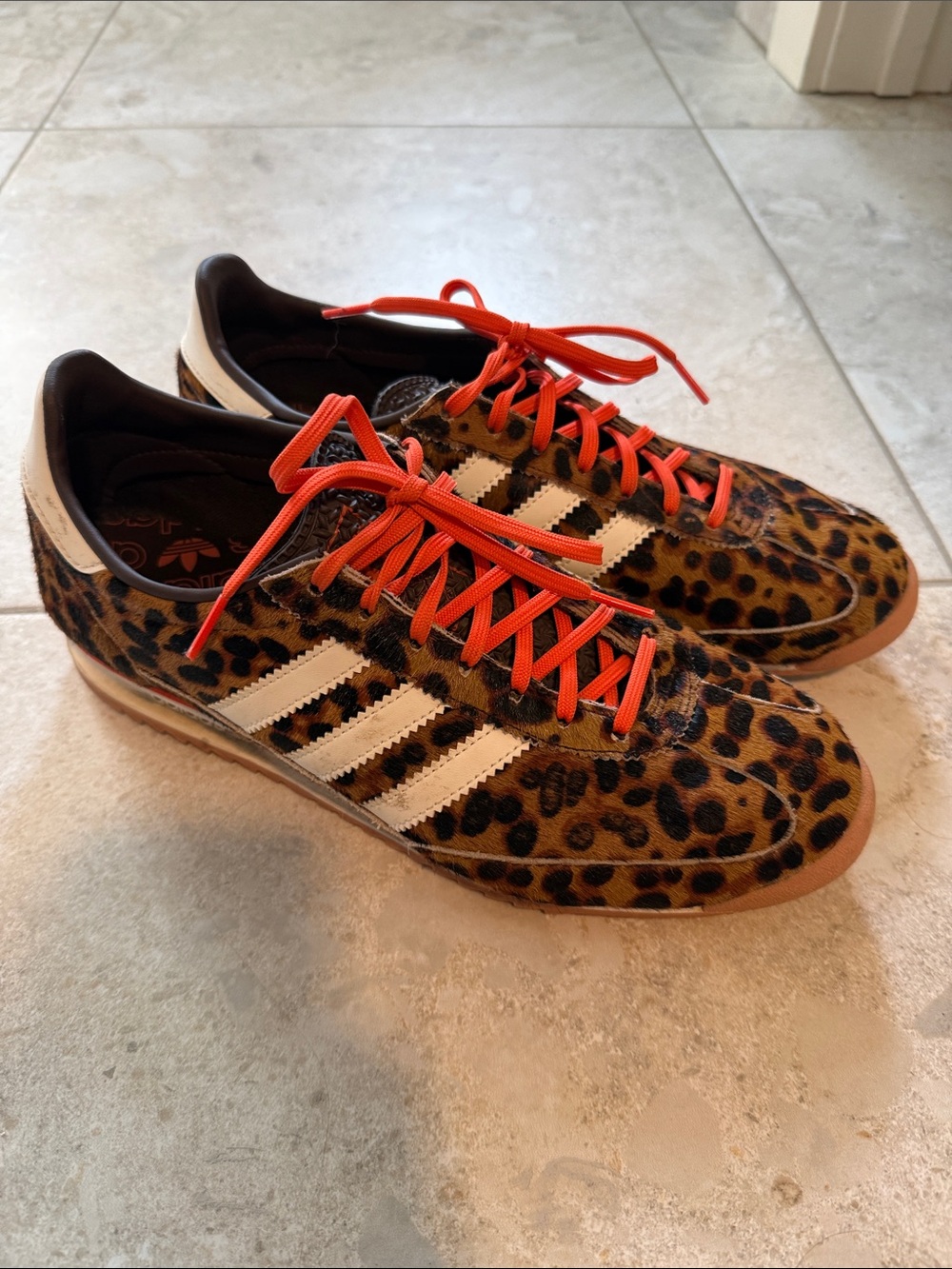 adidas womens Leopard Print Sneakers with Orange Laces